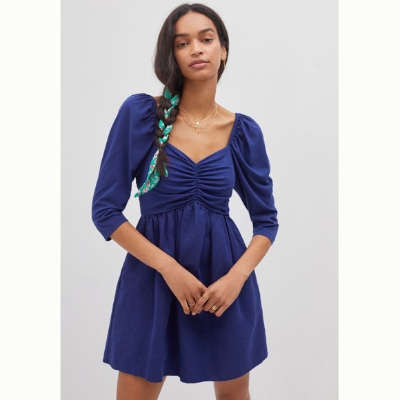 Anthropologie Dresses & Skirts - NEW Anthropologie Forever That Girl Puff Sleeved Mini Ruched Knit & Linen Dress